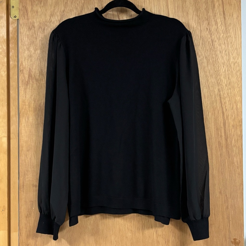 ADRIANNA PAPELL SHEER LONG SLEEVE BLACK SWEATER TOP! Neutral NWT